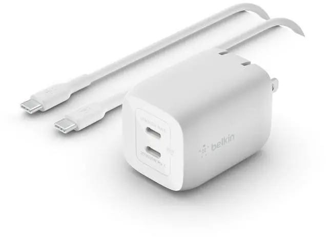 Main image of Belkin Dual USB-C GaN Wall Charger with PPS 65W + USB-C to USB-C Cable, White