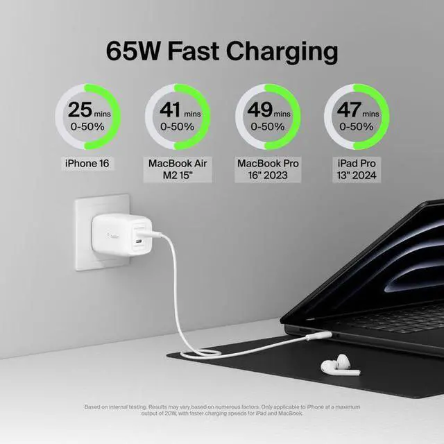 Alt view image 2 of 2 - Belkin Dual USB-C GaN Wall Charger with PPS 65W + USB-C to USB-C Cable, White