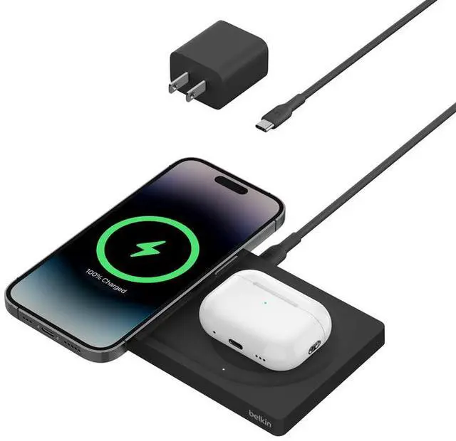 Main image of Belkin 2-in-1 Wireless Charging Pad with Official MagSafe Charging 15W, Black
