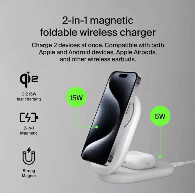 Alt view image 3 of 3 - Belkin 2-in-1 Magnetic Foldable Wireless Charger with Qi2 15W, White