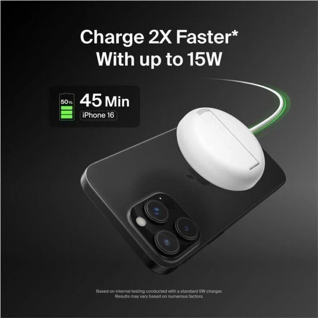 Alt view image 3 of 3 - Belkin 15W Wireless Magnetic Charging Pad w/ Qi2 for iPhones & Airpods - Fast Charge - Portable Charger - White - WIA011ttWH