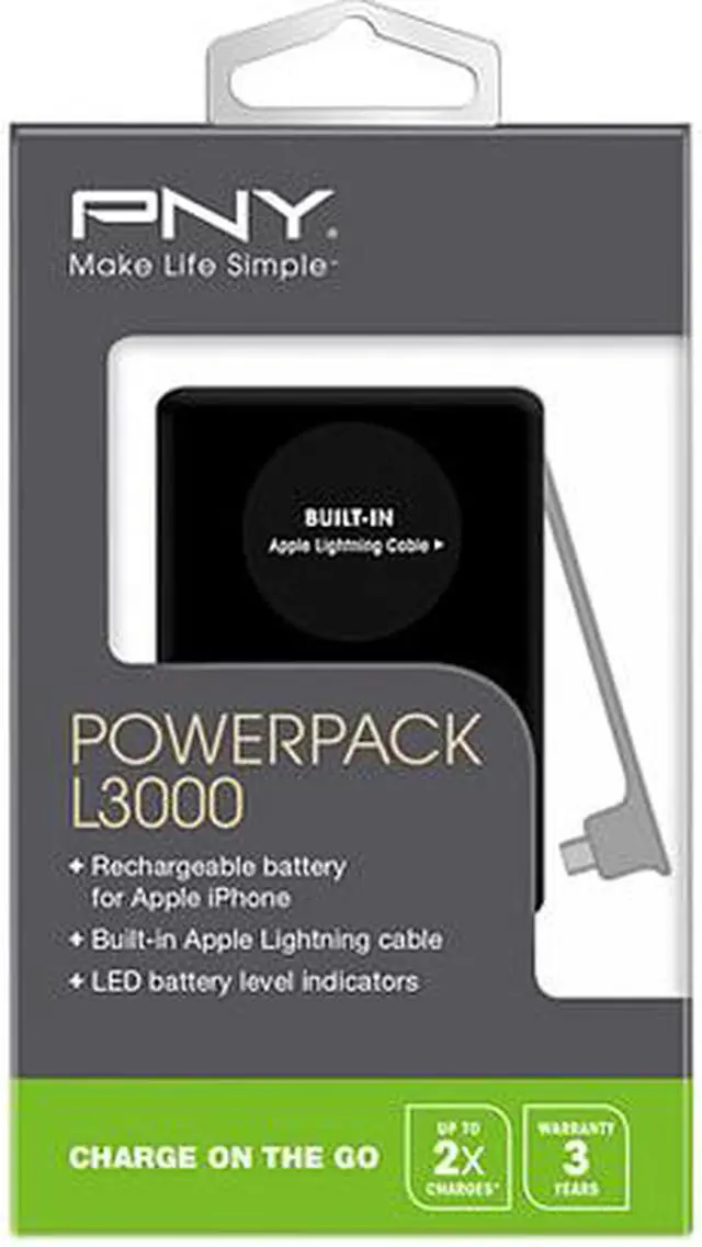 Alt view image 2 of 2 - PNY PowerPack L3000 Black 3000 mAh 1 Amp Portable Rechargeable Battery Charger with built-In Lightning connector for Apple iPhone P-B-3000-L-K01-RB