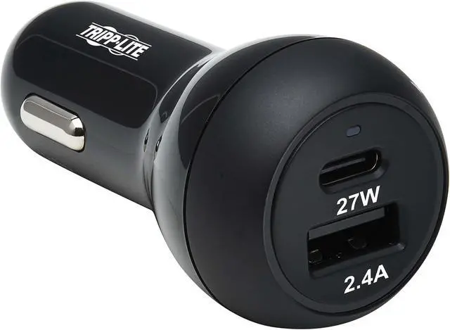 Main image of Tripp Lite U280-C02-39W-1B Black Dual-Port USB Car Charger with 39W Charging - USB-C (27W) PD 3.0, USB-A (12W), Black