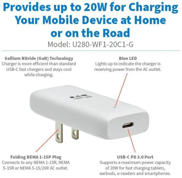 Alt view image 3 of 8 - Tripp Lite series Flat 1-Port USB-C Wall Charger - GaN Technology, 20W PD 3.0 Charging, White (U280-WF1-20C1-G)