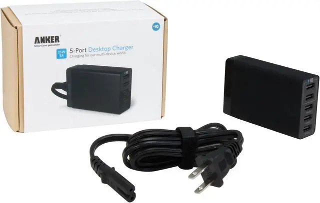 Alt view image 5 of 5 - Anker 25W 5-Port Desktop USB Charger with PowerIQ Technology for iPhone 5s 5c 5; iPad Air mini; Galaxy S5 S4; Note 3 2; Tab; Nexus and USB-Charged devices