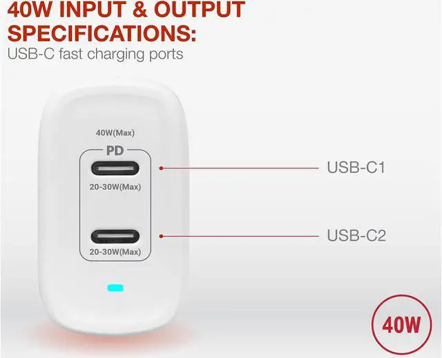 Alt view image 7 of 7 - Rosewill 40W Two-Port GaN Wall Charger with 2 USB-C Ports (20W), Up to 30W Single Port Output, PD 3.0 Power Delivery for Laptops, Tablets and Phones, White - (RBWC-20036)