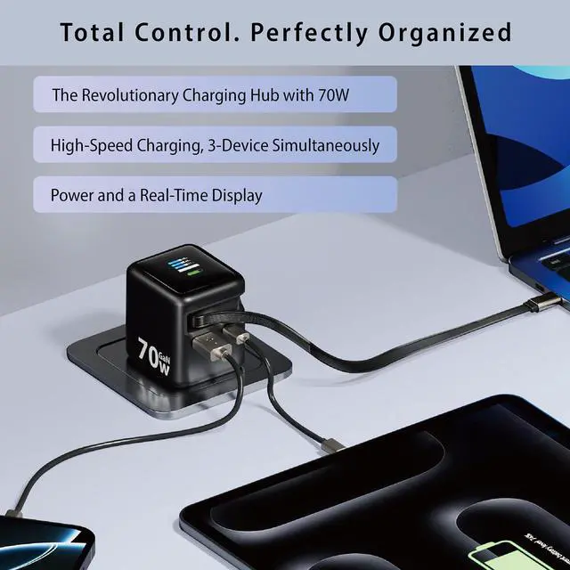 Alt view image 2 of 8 - Rosewill 70W Retractable USB-C Wall Charger with Built-in Cable, 3-Port GaN 3 Fast Charging, Foldable Design & Real-Time TFT Display for MacBook, iPad, iPhone, Galaxy - Black