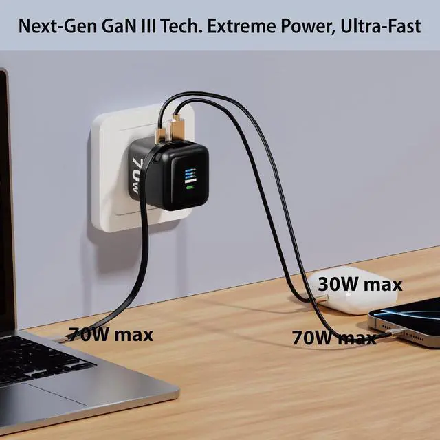 Alt view image 3 of 8 - Rosewill 70W Retractable USB-C Wall Charger with Built-in Cable, 3-Port GaN 3 Fast Charging, Foldable Design & Real-Time TFT Display for MacBook, iPad, iPhone, Galaxy - Black