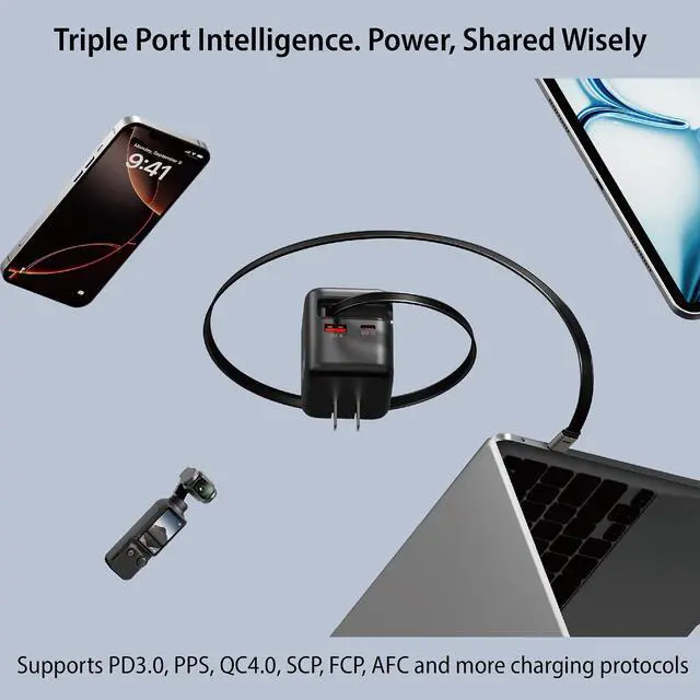 Alt view image 5 of 8 - Rosewill 70W Retractable USB-C Wall Charger with Built-in Cable, 3-Port GaN 3 Fast Charging, Foldable Design & Real-Time TFT Display for MacBook, iPad, iPhone, Galaxy - Black