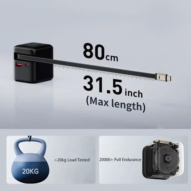 Alt view image 6 of 8 - Rosewill 70W Retractable USB-C Wall Charger with Built-in Cable, 3-Port GaN 3 Fast Charging, Foldable Design & Real-Time TFT Display for MacBook, iPad, iPhone, Galaxy - Black