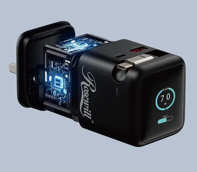 Alt view image 7 of 8 - Rosewill 70W Retractable USB-C Wall Charger with Built-in Cable, 3-Port GaN 3 Fast Charging, Foldable Design & Real-Time TFT Display for MacBook, iPad, iPhone, Galaxy - Black