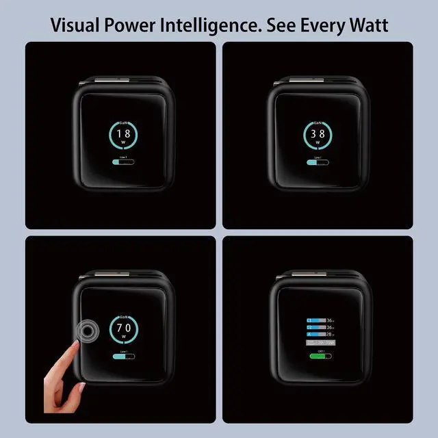 Alt view image 8 of 8 - Rosewill 70W Retractable USB-C Wall Charger with Built-in Cable, 3-Port GaN 3 Fast Charging, Foldable Design & Real-Time TFT Display for MacBook, iPad, iPhone, Galaxy - Black