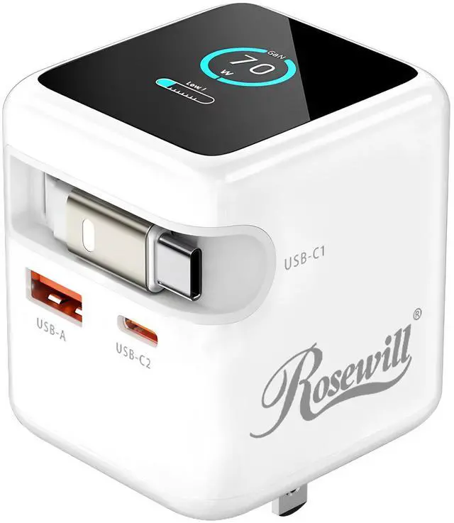 Main image of Rosewill 70W Retractable USB-C Wall Charger with Built-in Cable, 3-Port GaN 3 Fast Charging, Foldable Design & Real-Time TFT Display for MacBook, iPad, iPhone, Galaxy - White