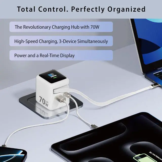 Alt view image 2 of 8 - Rosewill 70W Retractable USB-C Wall Charger with Built-in Cable, 3-Port GaN 3 Fast Charging, Foldable Design & Real-Time TFT Display for MacBook, iPad, iPhone, Galaxy - White