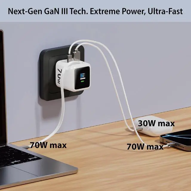 Alt view image 3 of 8 - Rosewill 70W Retractable USB-C Wall Charger with Built-in Cable, 3-Port GaN 3 Fast Charging, Foldable Design & Real-Time TFT Display for MacBook, iPad, iPhone, Galaxy - White
