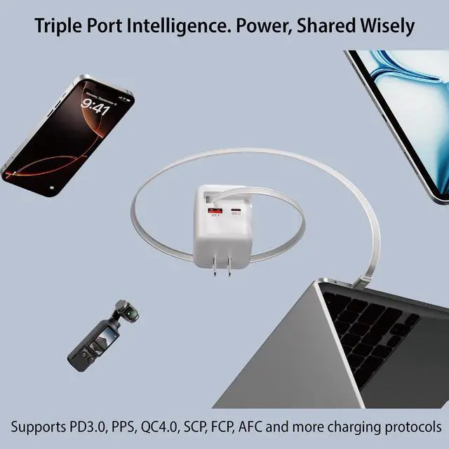 Alt view image 5 of 8 - Rosewill 70W Retractable USB-C Wall Charger with Built-in Cable, 3-Port GaN 3 Fast Charging, Foldable Design & Real-Time TFT Display for MacBook, iPad, iPhone, Galaxy - White