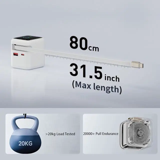 Alt view image 6 of 8 - Rosewill 70W Retractable USB-C Wall Charger with Built-in Cable, 3-Port GaN 3 Fast Charging, Foldable Design & Real-Time TFT Display for MacBook, iPad, iPhone, Galaxy - White