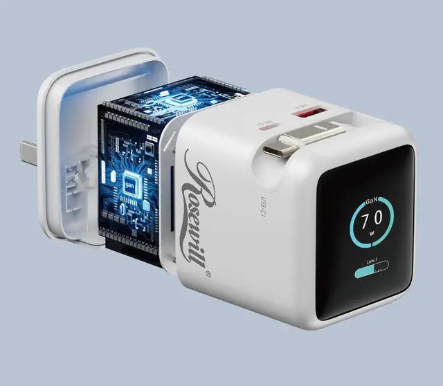 Alt view image 7 of 8 - Rosewill 70W Retractable USB-C Wall Charger with Built-in Cable, 3-Port GaN 3 Fast Charging, Foldable Design & Real-Time TFT Display for MacBook, iPad, iPhone, Galaxy - White