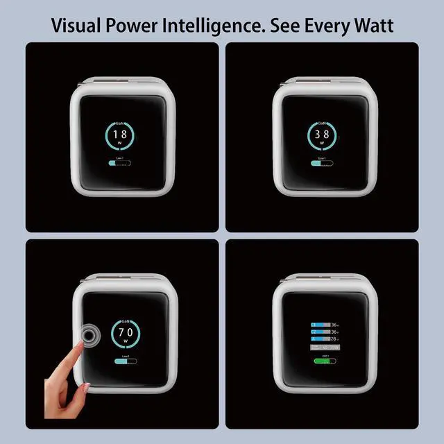 Alt view image 8 of 8 - Rosewill 70W Retractable USB-C Wall Charger with Built-in Cable, 3-Port GaN 3 Fast Charging, Foldable Design & Real-Time TFT Display for MacBook, iPad, iPhone, Galaxy - White