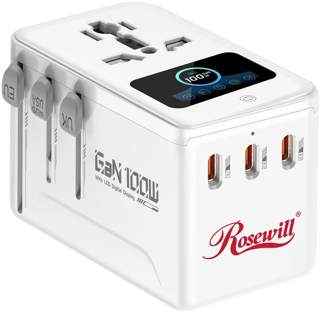 Main image of Rosewill 5-in-1 Universal Travel Adapter with LCD Display, GaN 100W PD/QC 3.0 Fast Charging Technology, 4*USB C/A Ports, International Power Adapter with Type A, C, G,I Plugs, Travel Charger for Laptop, iPhone, iPad - White