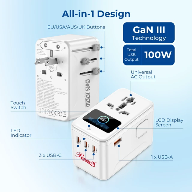 Alt view image 5 of 9 - Rosewill 5-in-1 Universal Travel Adapter with LCD Display, GaN 100W PD/QC 3.0 Fast Charging Technology, 4*USB C/A Ports, International Power Adapter with Type A, C, G,I Plugs, Travel Charger for Laptop, iPhone, iPad - White