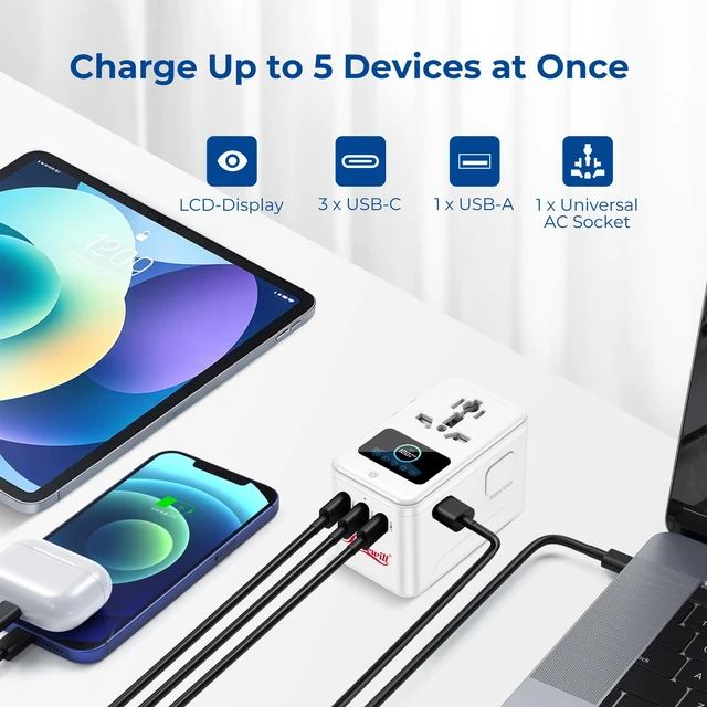 Alt view image 6 of 9 - Rosewill 5-in-1 Universal Travel Adapter with LCD Display, GaN 100W PD/QC 3.0 Fast Charging Technology, 4*USB C/A Ports, International Power Adapter with Type A, C, G,I Plugs, Travel Charger for Laptop, iPhone, iPad - White