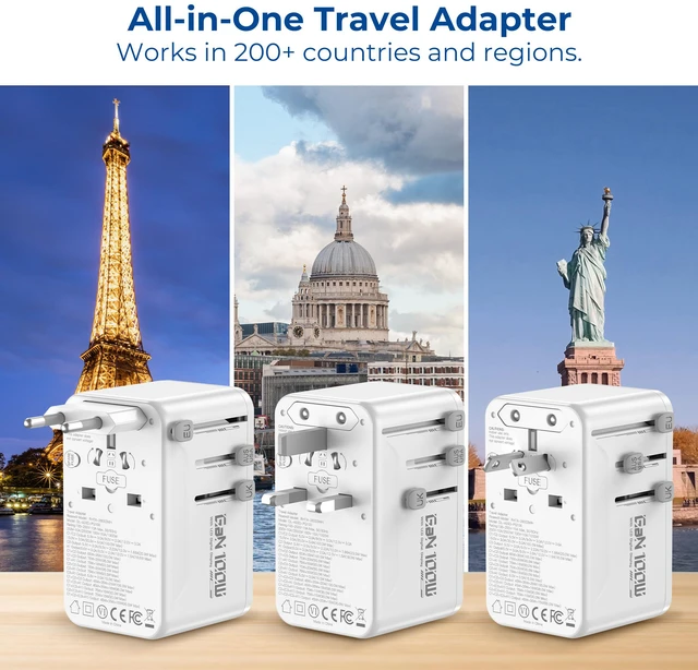 Alt view image 7 of 9 - Rosewill 5-in-1 Universal Travel Adapter with LCD Display, GaN 100W PD/QC 3.0 Fast Charging Technology, 4*USB C/A Ports, International Power Adapter with Type A, C, G,I Plugs, Travel Charger for Laptop, iPhone, iPad - White