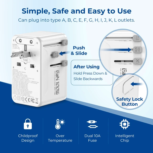 Alt view image 9 of 9 - Rosewill 5-in-1 Universal Travel Adapter with LCD Display, GaN 100W PD/QC 3.0 Fast Charging Technology, 4*USB C/A Ports, International Power Adapter with Type A, C, G,I Plugs, Travel Charger for Laptop, iPhone, iPad - White