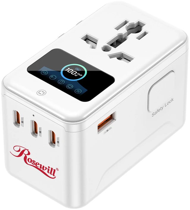 Alt view image 2 of 9 - Rosewill 5-in-1 Universal Travel Adapter with LCD Display, GaN 100W PD/QC 3.0 Fast Charging Technology, 4*USB C/A Ports, International Power Adapter with Type A, C, G,I Plugs, Travel Charger for Laptop, iPhone, iPad - White