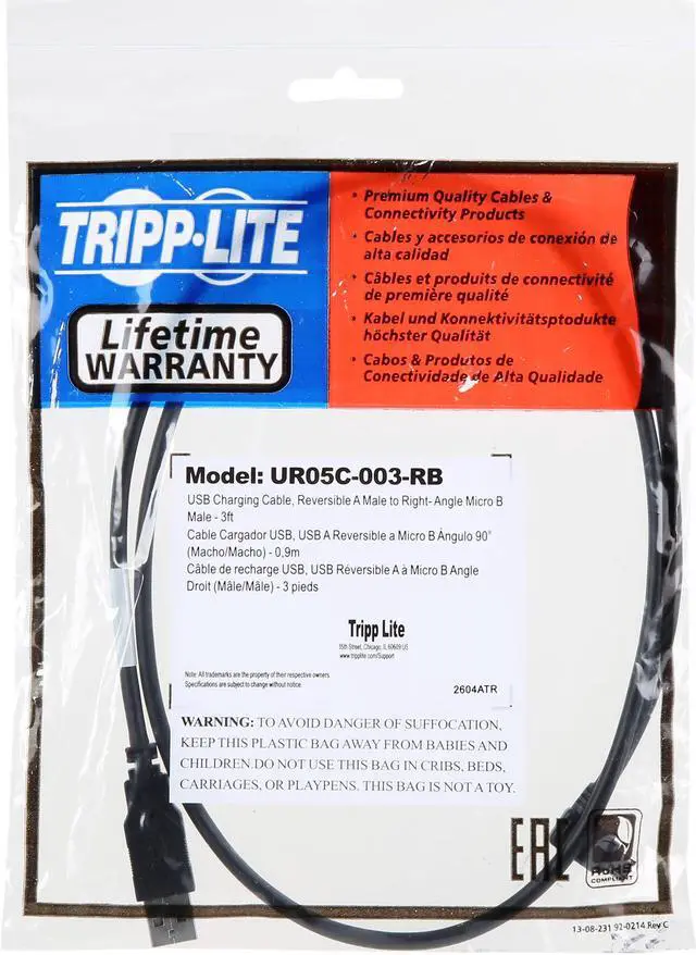 Alt view image 3 of 3 - Tripp Lite UR05C-003-RB Black Dedicated Reversible USB Charging Cable (Reversible A to Right Angle 5-Pin Micro B), 3-ft.