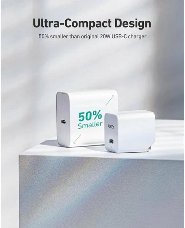 Alt view image 2 of 5 - AUKEY USB-C Mini Wall Charger 20W Fast Charger - White