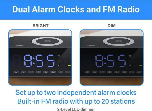 Alt view image 6 of 8 - Rosewill Digital Alarm Clock with Wireless Charging Dock, LED Display, AM/FM Radio, Bluetooth Speaker, Aux Port, MicroSD Slot, Portable Rechargeable, Qi-Certified, Black - (RBWS-20015)