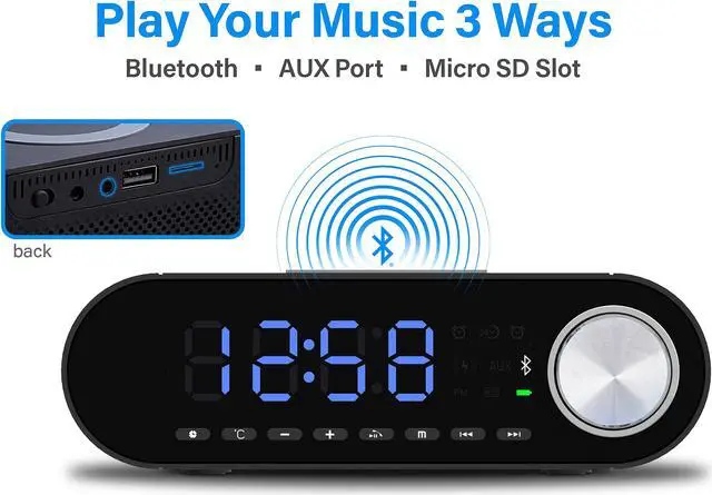 Alt view image 7 of 8 - Rosewill Digital Alarm Clock with Wireless Charging Dock, LED Display, AM/FM Radio, Bluetooth Speaker, Aux Port, MicroSD Slot, Portable Rechargeable, Qi-Certified, Black - (RBWS-20015)