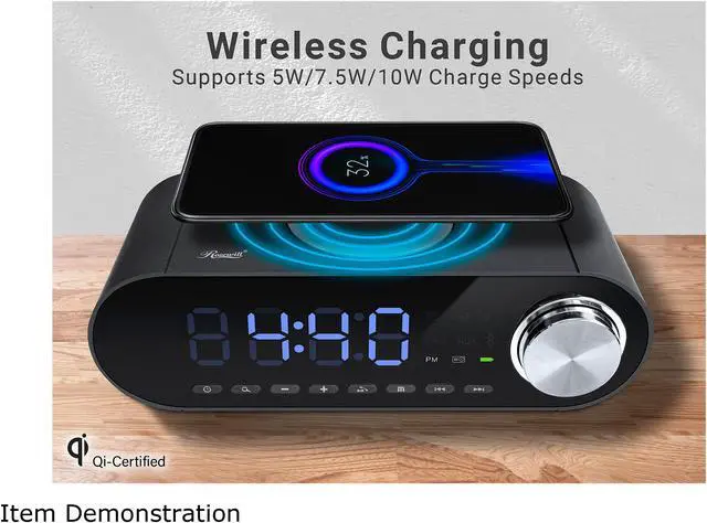 Alt view image 4 of 8 - Rosewill Digital Alarm Clock with Wireless Charging Dock, LED Display, AM/FM Radio, Bluetooth Speaker, Aux Port, MicroSD Slot, Portable Rechargeable, Qi-Certified, Black - (RBWS-20015)