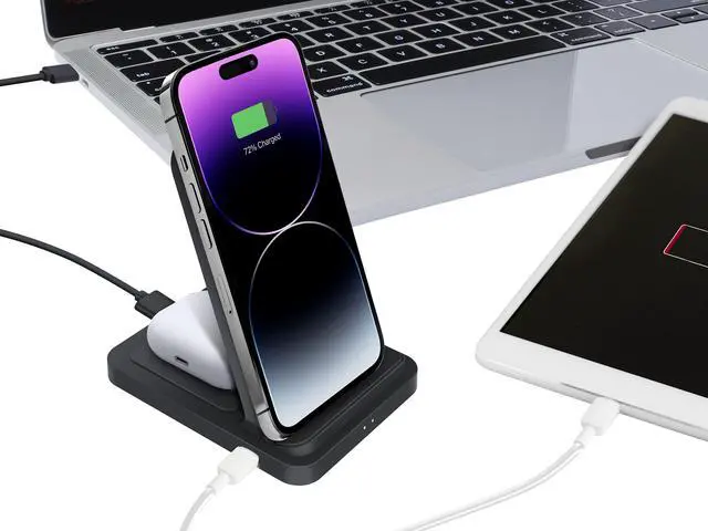 Main image of Rosewill Dual Wireless Fast Charging Stand for Smartphone and Wireless Earbuds Case, Charge 3 Devices Simultaneously, 5W/7.5W/10W, Qi-Certified, Black - (RBWC-20030)