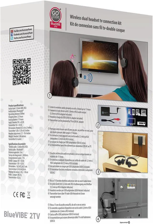 Alt view image 4 of 4 - GOgroove BlueVIBE 2 TV Wireless 2 Pair Headphones Television Connection Kit with Plush Lightweight Ear Cups, Bluetooth Transmitter and Easy Setup - Great for Parents, Roommates, Kids and Travel Use