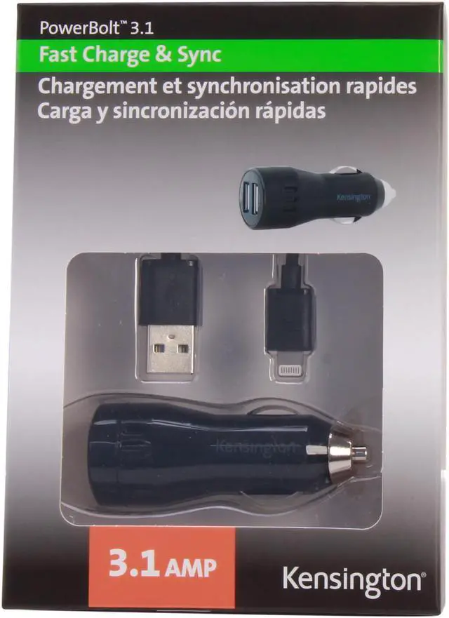 Alt view image 3 of 3 - Kensington PowerBolt 3.1A Dual (2-Port) Fast USB Car Charger for iPhone 5/5s/5c & iPad K39705AM, includes one detachable Lightning to USB charge and sync cable
