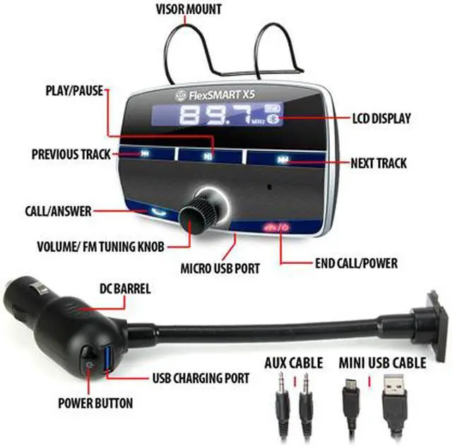Alt view image 3 of 5 - GOgroove FlexSMART X5 Bluetooth FM Transmitter Car Kit with Hands-Free Calling, Music Playback, USB Charging and Multiple Mounting Options