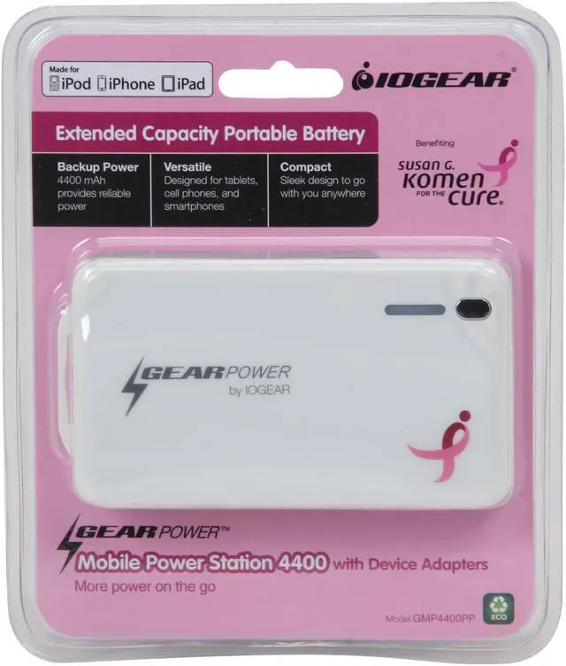 Alt view image 8 of 8 - IOGEAR GearPower White 4400 mAh Mobile Power Station for Smartphones & Tablets (Susan G. Komen Edition) GMP4400PP