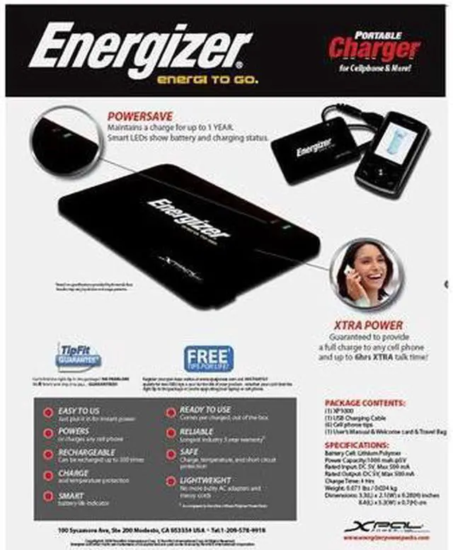 Alt view image 9 of 10 - Energizer Black Portable Charger for Cell Phones and More (XP1000)