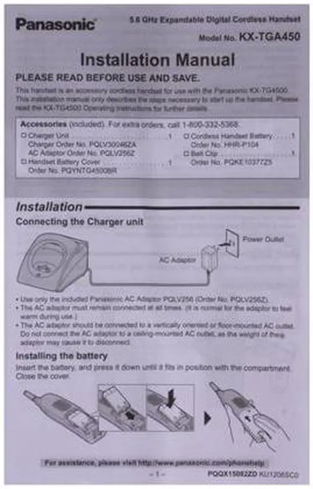 Alt view image 10 of 11 - Panasonic KX-TGA450B 5.8 GHz FHSS Cordless Expansion Handset