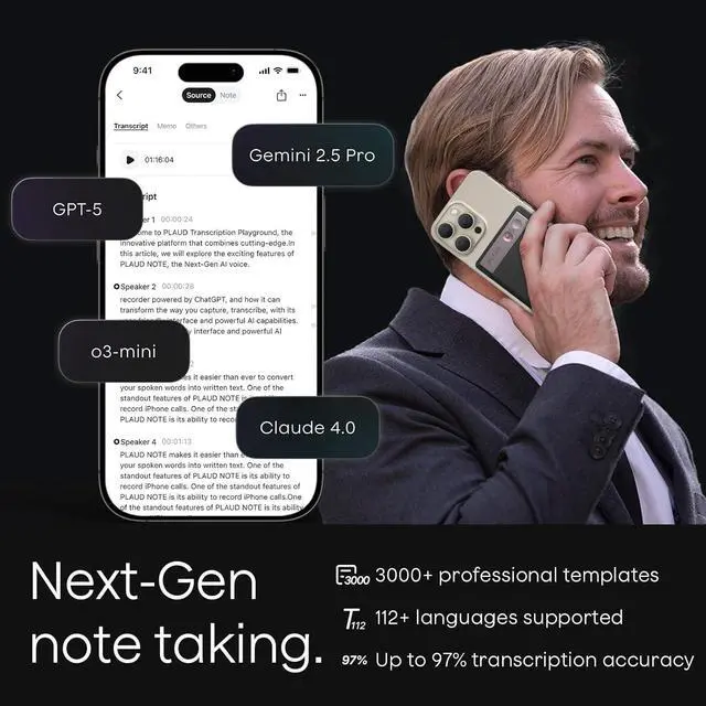 Alt view image 3 of 10 - PLAUD Note AI Voice Recorder w/ Black Magnetic Case, AI Transcribe & Summarize, Support 112 Languages, AI Notetaker for Lectures and Meetings (STARLIGHT)