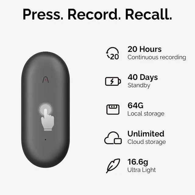 Alt view image 2 of 7 - PLAUD NotePin AI Voice Recorder (64GB Memory) AI Transcribe & Summarize, Support 112 Languages, Audio Recorder for Lectures and Meetings, App Control, AI Notetaker - BLACK