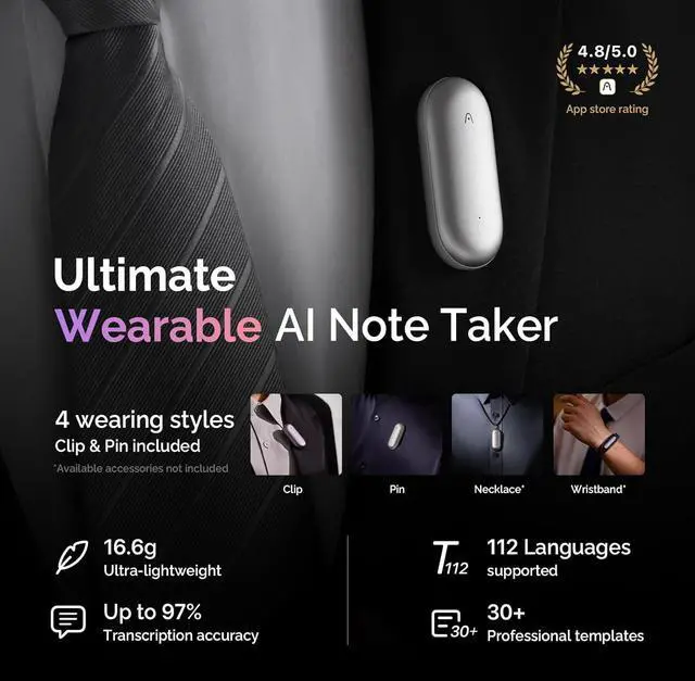 Alt view image 3 of 7 - PLAUD NotePin AI Voice Recorder (64GB Memory) AI Transcribe & Summarize, Support 112 Languages, AI Notetaker for Lectures and Meetings (LUNAR SILVER)