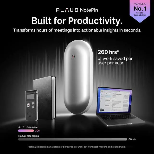 Alt view image 2 of 7 - PLAUD NotePin AI Voice Recorder (64GB Memory) AI Transcribe & Summarize, Support 112 Languages, AI Notetaker for Lectures and Meetings (LUNAR SILVER)