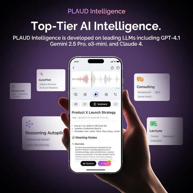 Alt view image 5 of 8 - PLAUD NotePin AI Voice Recorder (64GB Memory) AI Transcribe & Summarize, Support 112 Languages, Audio Recorder for Lectures and Meetings, App Control, AI Notetaker - PURPLE
