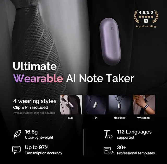 Alt view image 2 of 8 - PLAUD NotePin AI Voice Recorder (64GB Memory) AI Transcribe & Summarize, Support 112 Languages, Audio Recorder for Lectures and Meetings, App Control, AI Notetaker - PURPLE