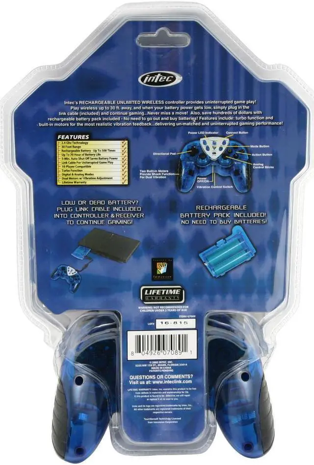Alt view image 2 of 2 - intec Unlimited Rechargeable Wireless Controller for PS2