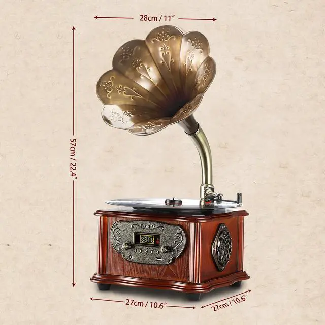 Alt view image 5 of 7 - LuguLake Record Player Retro Turntable All in One Vintage Phonograph Nostalgic Gramophone for LP with Copper Horn, Built-in Speaker 3.5mm Aux-in/USB/FM Radio