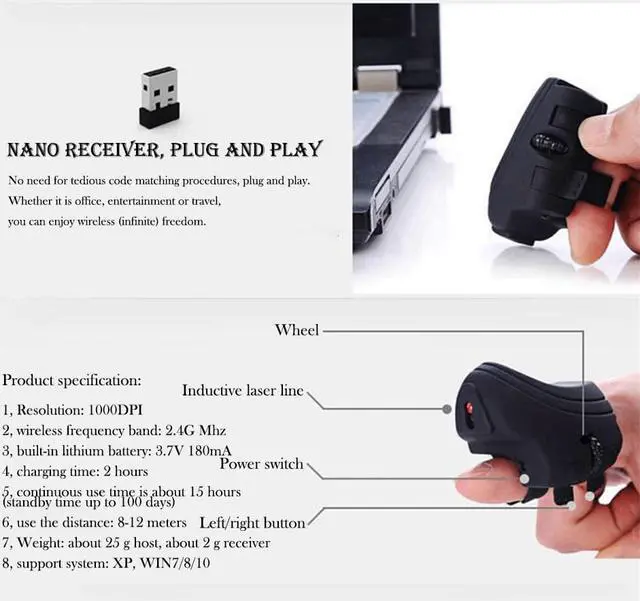 Alt view image 5 of 7 - Black 2.4GHz USB Finger Wireless Optical Mouse Portable 2.4Ghz Wireless Rechargeable Finger Ring Mice For PC Laptop Computer